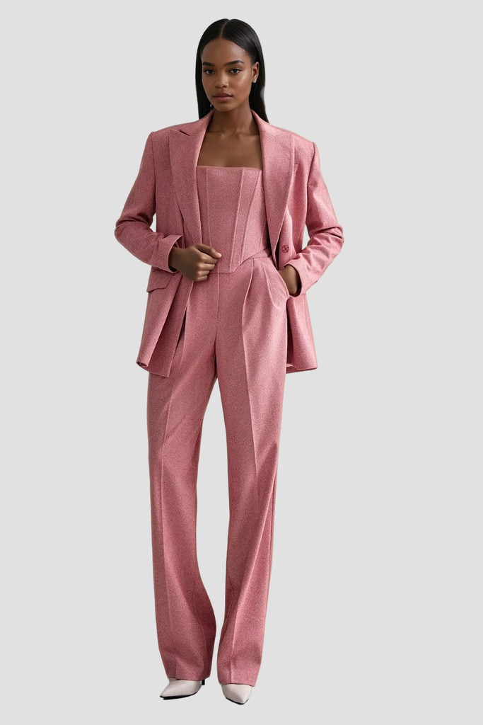 Stylish pink dress | Anang Lapel Strapless Three Piece Pants Set In Pink - Ideal for special occasions