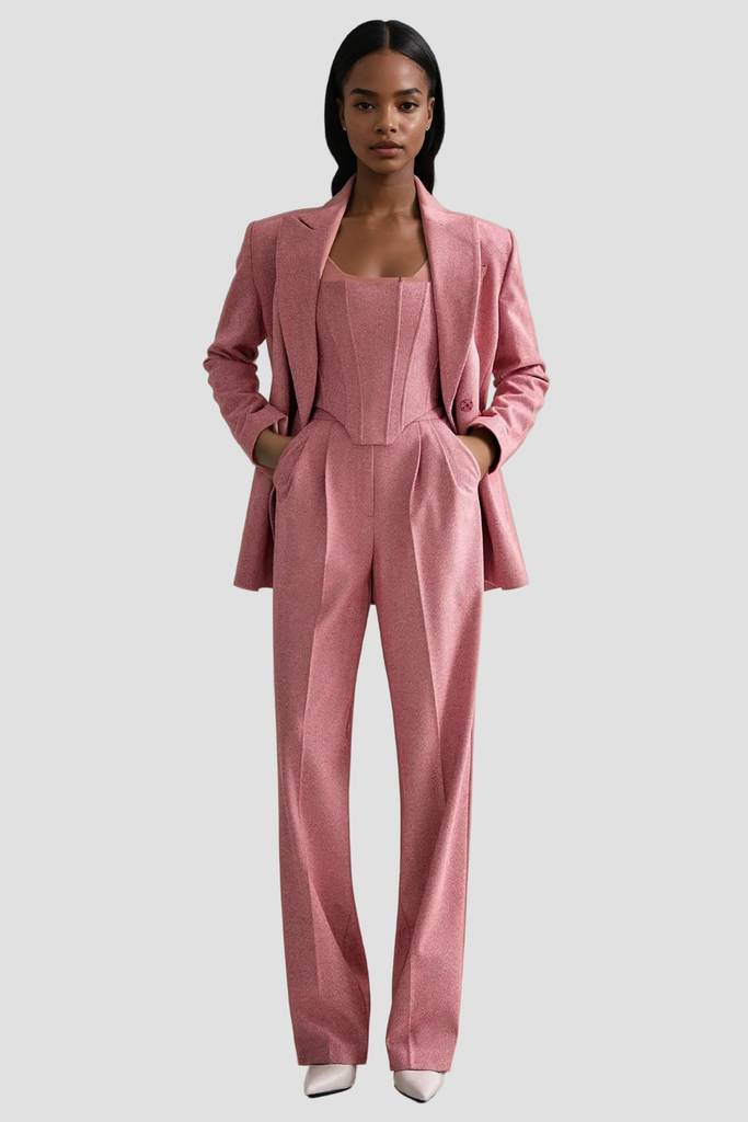 Stylish pink dress | Anang Lapel Strapless Three Piece Pants Set In Pink - Ideal for special occasions