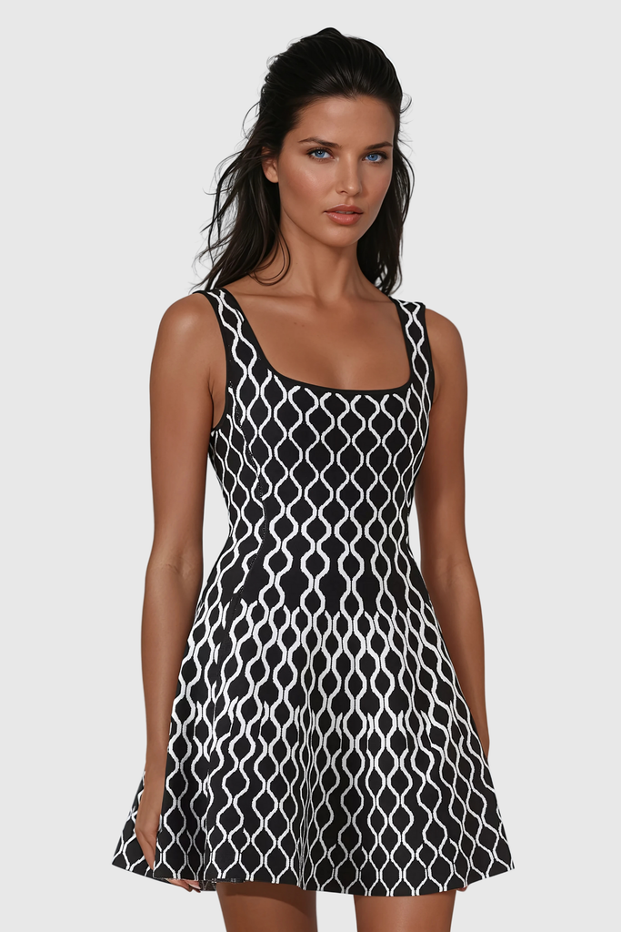 Shop  beautiful dress - Perfect for special occasions | Anas Grid Sleeveless Ruffle Knit Mini Dress