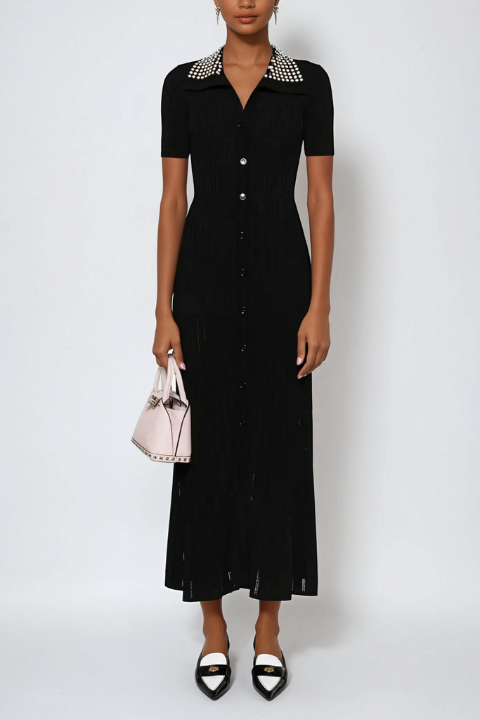 Stylish beautiful dress | Anastacia Embellished Lapel Knit Maxi Dress - Ideal for special occasions