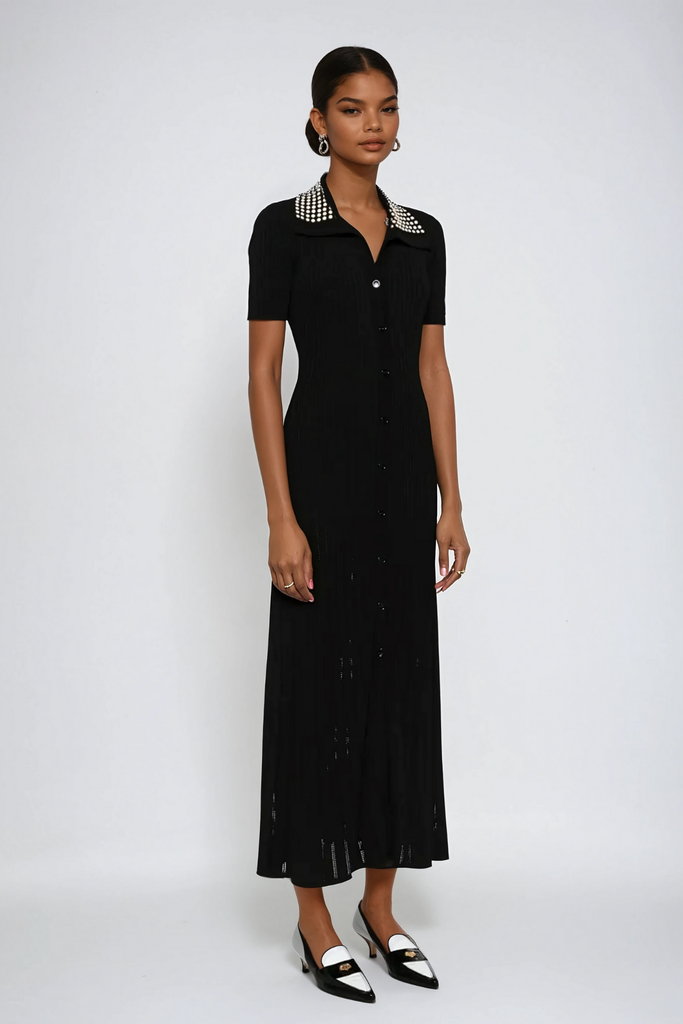 Anastacia Embellished Lapel Knit Maxi Dress - Stylish beautiful dress for special occasions | Buy Online