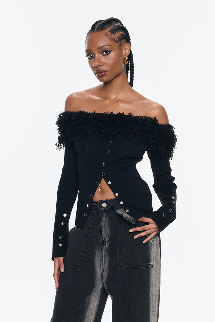 Stylish beautiful dress | Andarta Off Shoulder Fringe Button Top - Ideal for special occasions