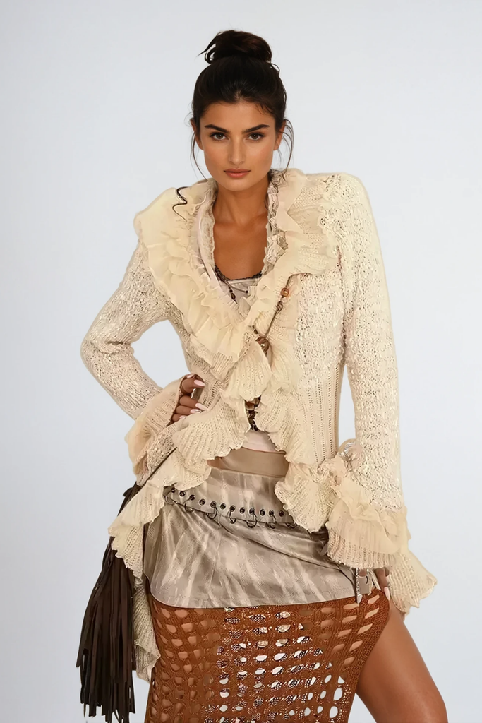 Shop  beautiful dress - Perfect for special occasions | Ande Ruffle Asymmetric Knit Jacket In Khaki