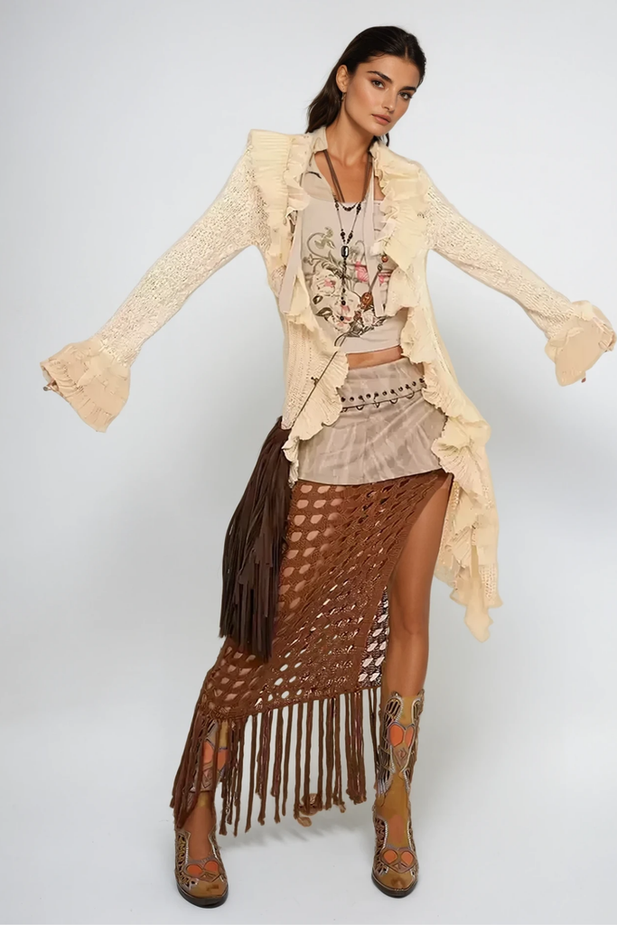 Ande Ruffle Asymmetric Knit Jacket In Khaki - Stylish beautiful dress for special occasions | Buy Online