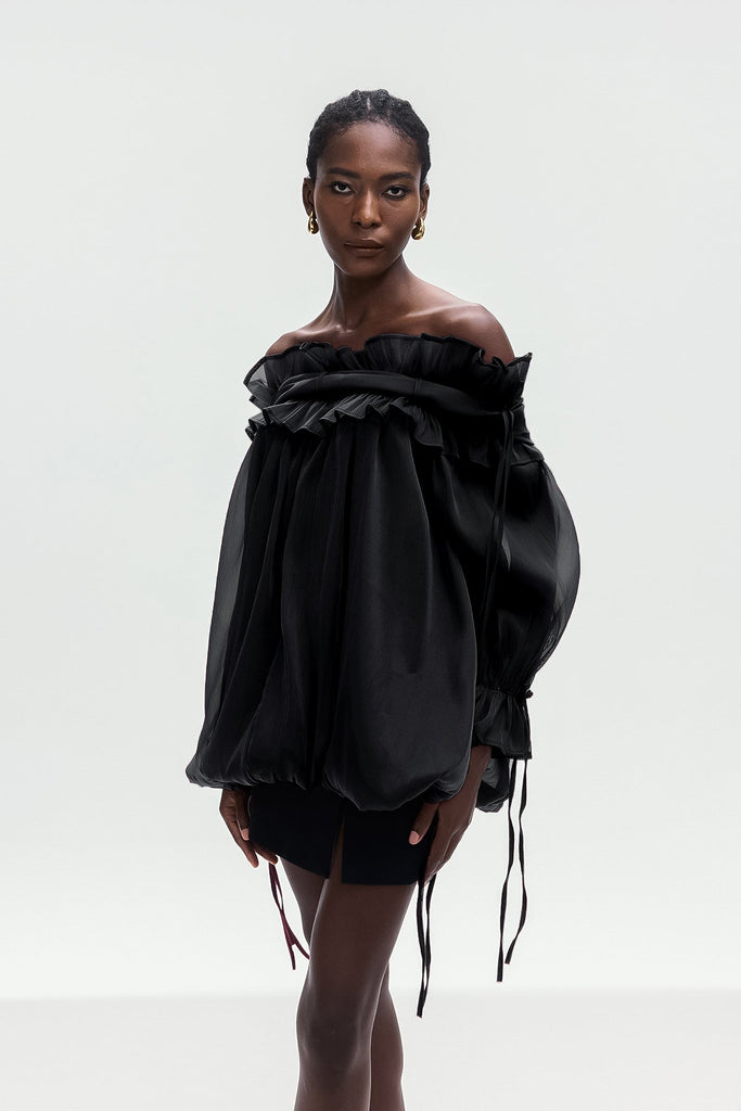 Aneirin Off Shoulder Mesh Ruffle Top In Black - Stylish black dress for special occasions | Buy Online