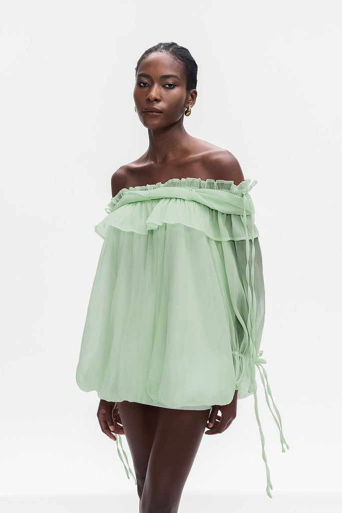 Stylish green dress | Aneirin Off Shoulder Mesh Ruffle Top In Green - Ideal for special occasions