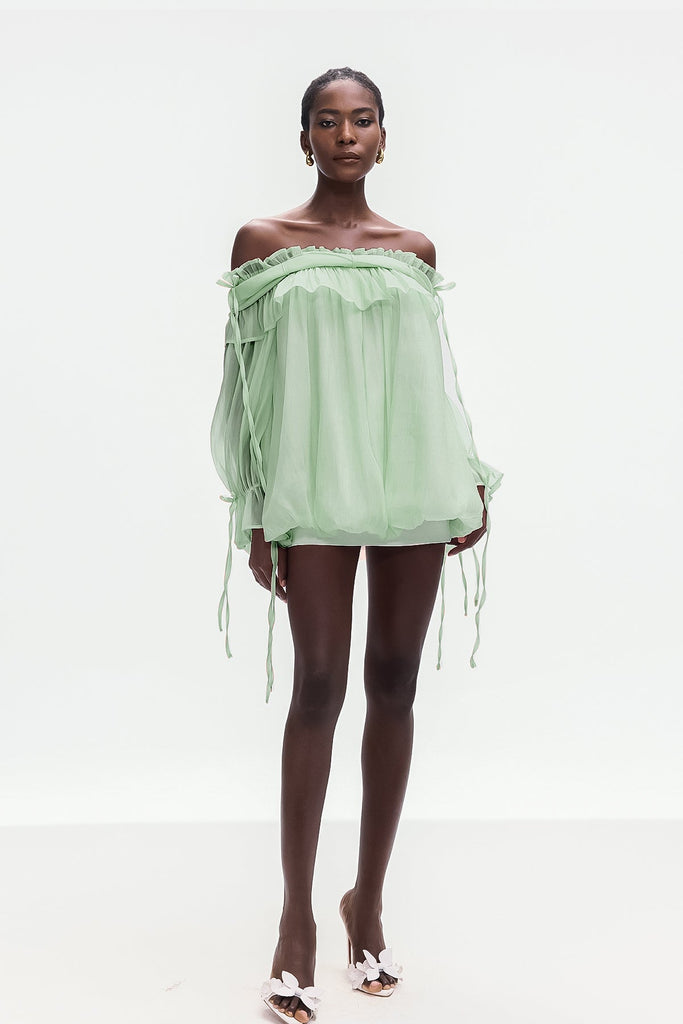 Stylish green dress | Aneirin Off Shoulder Mesh Ruffle Top In Green - Ideal for special occasions