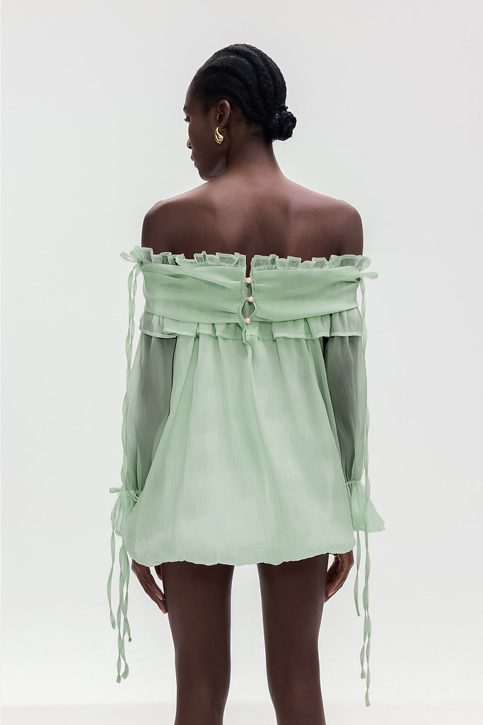 Aneirin Off Shoulder Mesh Ruffle Top In Green - Stylish green dress for special occasions | Buy Online