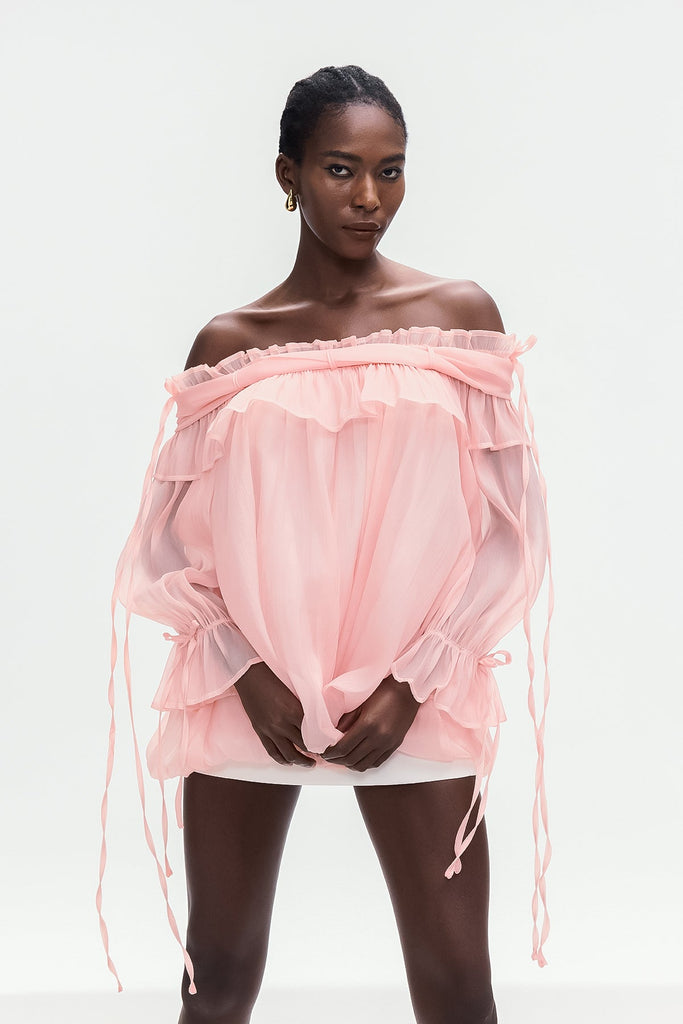 Shop  pink dress - Perfect for special occasions | Aneirin Off Shoulder Mesh Ruffle Top In Pink