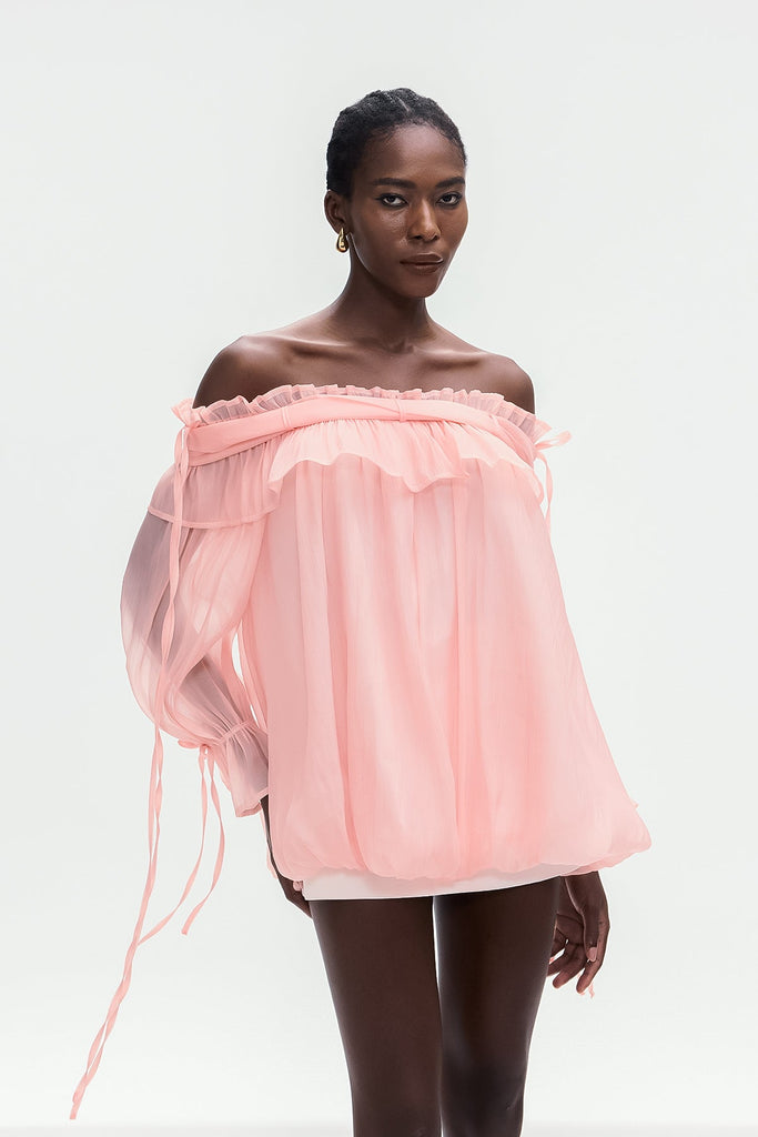 Stylish pink dress | Aneirin Off Shoulder Mesh Ruffle Top In Pink - Ideal for special occasions