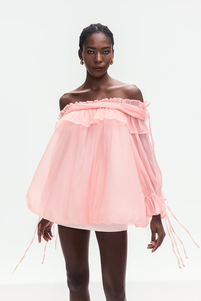 Shop  pink dress - Perfect for special occasions | Aneirin Off Shoulder Mesh Ruffle Top In Pink