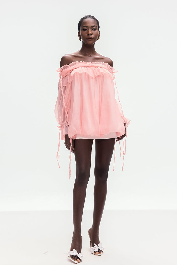 Stylish pink dress | Aneirin Off Shoulder Mesh Ruffle Top In Pink - Ideal for special occasions