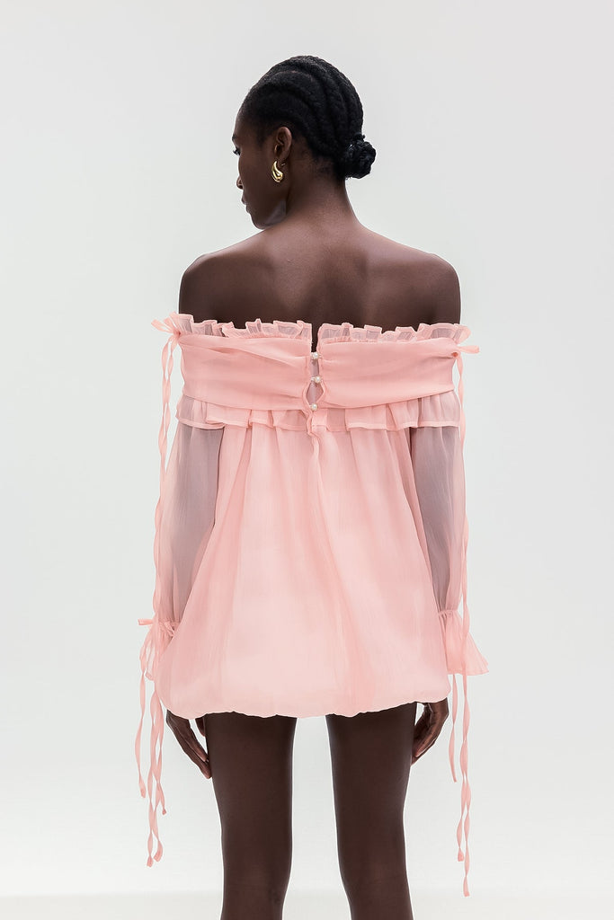 Stylish pink dress | Aneirin Off Shoulder Mesh Ruffle Top In Pink - Ideal for special occasions