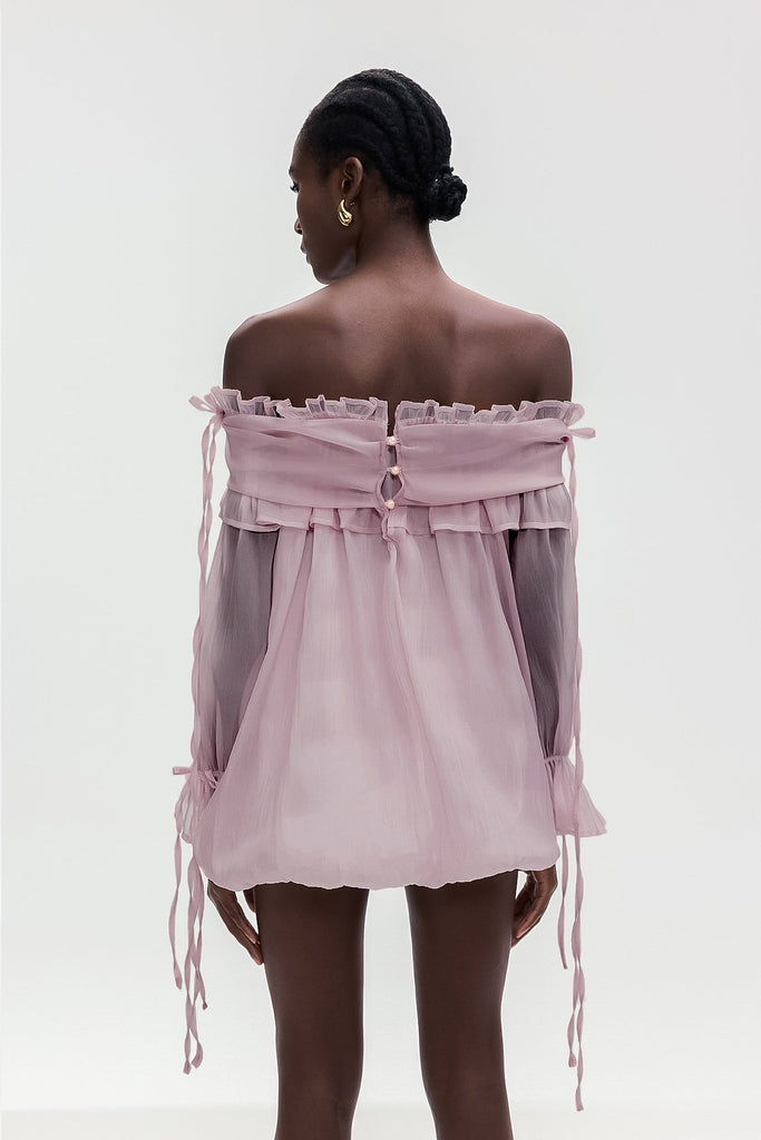 Aneirin Off Shoulder Mesh Ruffle Top In Purple - Stylish purple dress for special occasions | Buy Online