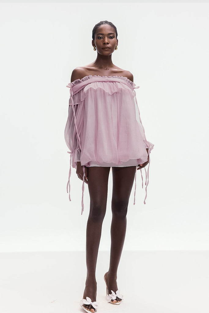 Aneirin Off Shoulder Mesh Ruffle Top In Purple - Stylish purple dress for special occasions | Buy Online