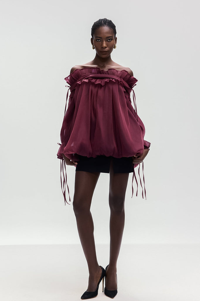 Stylish red dress | Aneirin Off Shoulder Mesh Ruffle Top In Red - Ideal for special occasions