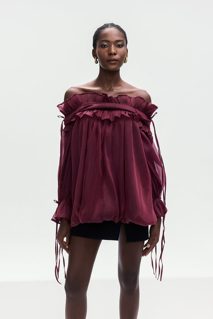 Shop  red dress - Perfect for special occasions | Aneirin Off Shoulder Mesh Ruffle Top In Red