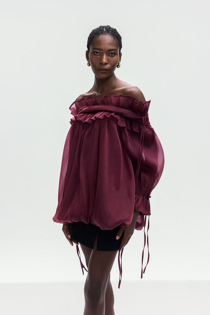 Stylish red dress | Aneirin Off Shoulder Mesh Ruffle Top In Red - Ideal for special occasions