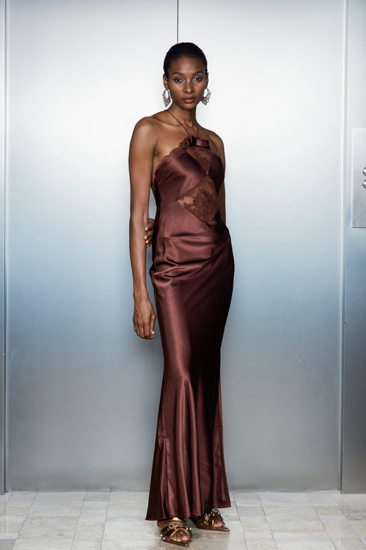 Anevay Lace Halter Neck Satin Maxi Dress