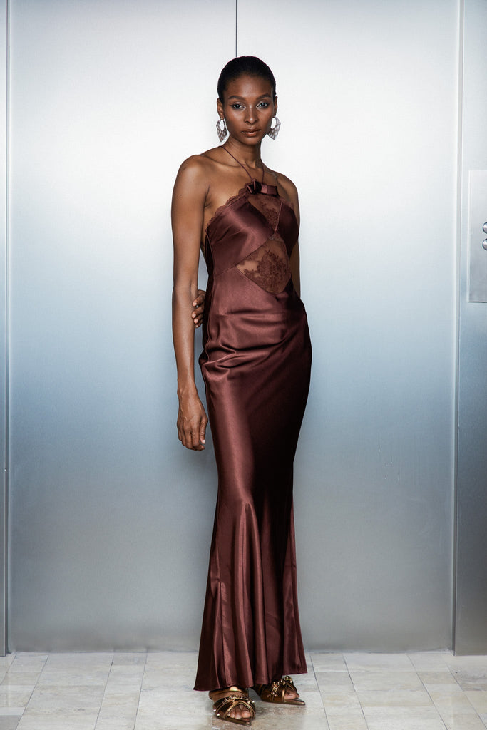 Anevay Lace Halter Neck Satin Maxi Dress - Stylish beautiful dress for special occasions | Buy Online