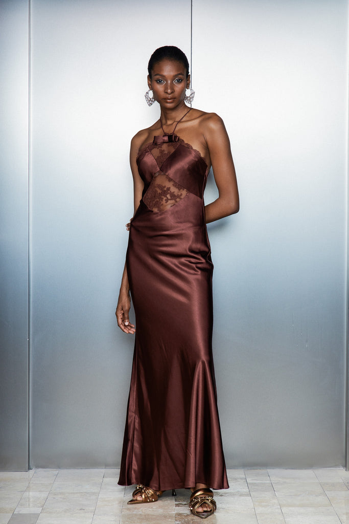 Shop  beautiful dress - Perfect for special occasions | Anevay Lace Halter Neck Satin Maxi Dress