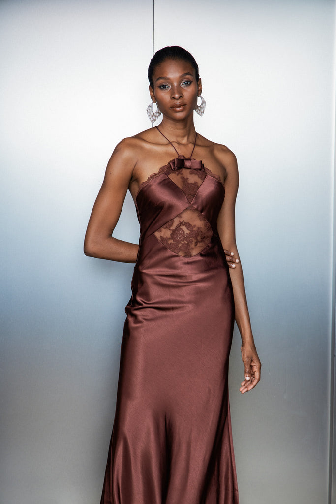 Anevay Lace Halter Neck Satin Maxi Dress - Stylish beautiful dress for special occasions | Buy Online