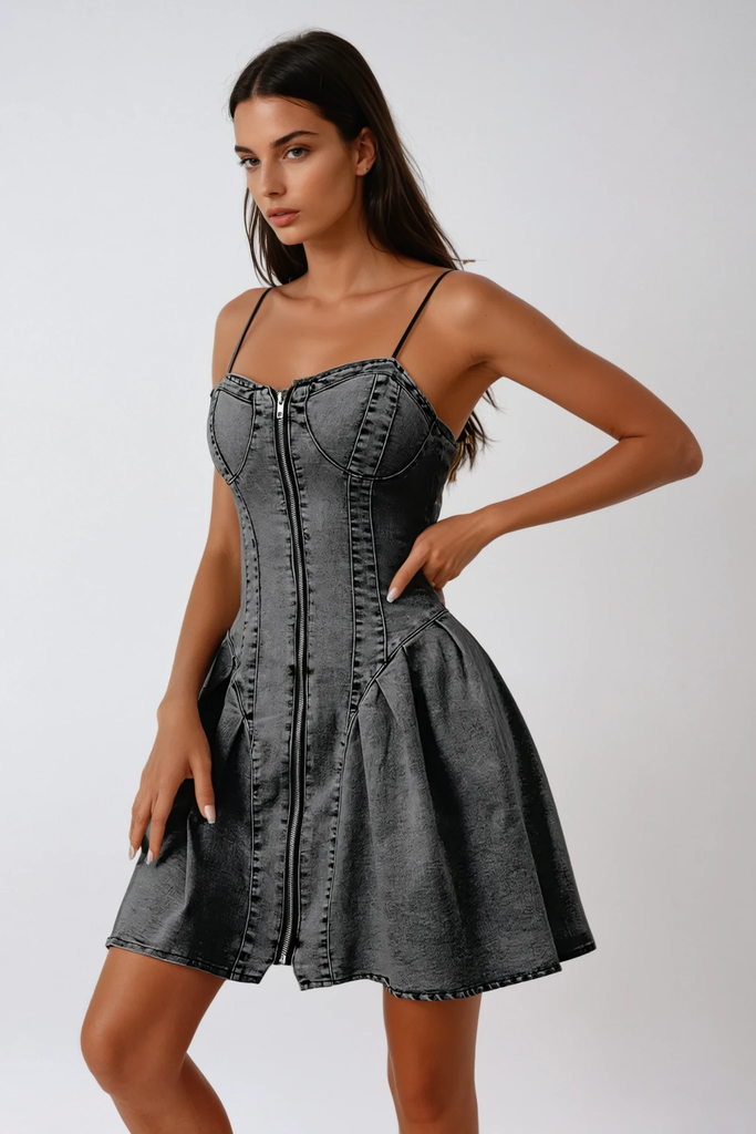 Shop  beautiful dress - Perfect for special occasions | Ange Zipper Spaghetti Ruffle Denim Mini Dress