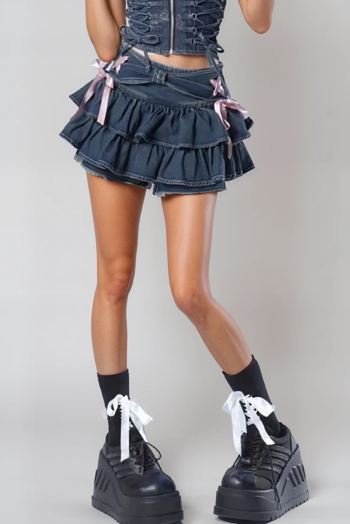 Shop  beautiful dress - Perfect for special occasions | Angelia Ruffle Bow Ruch Denim Skirt