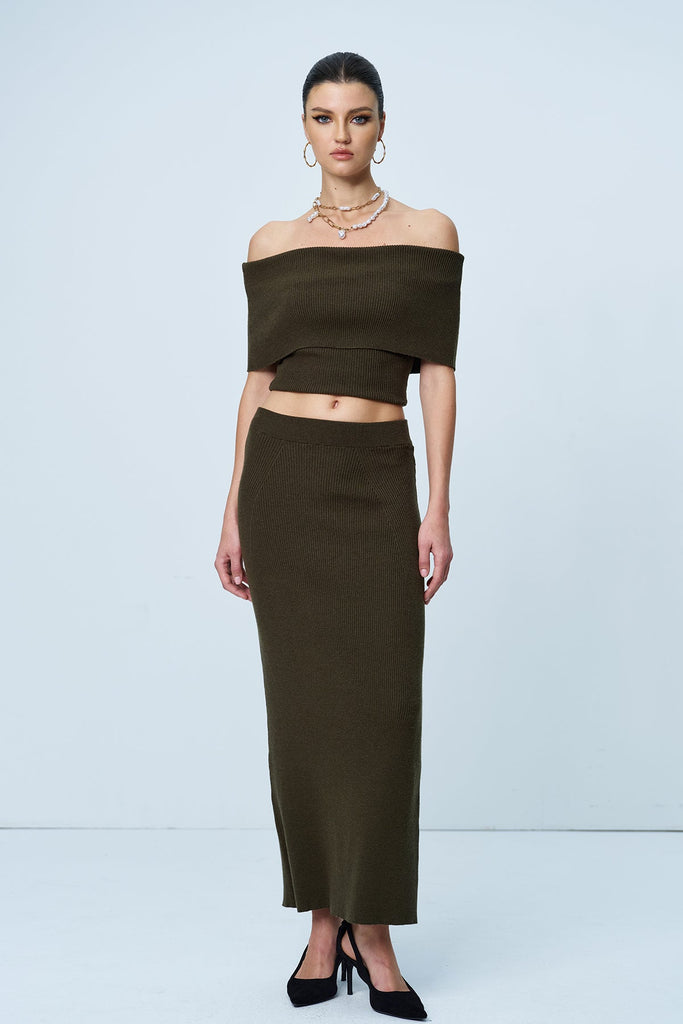 Aniston Strapless Ruch Split Knit Skirt Set In Green - Stylish green dress for special occasions | Buy Online