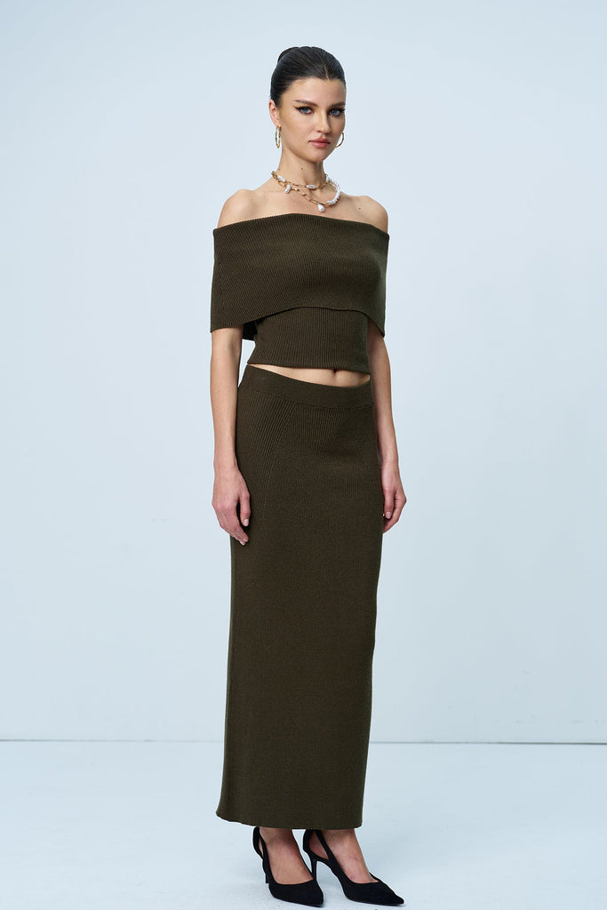 Stylish green dress | Aniston Strapless Ruch Split Knit Skirt Set In Green - Ideal for special occasions