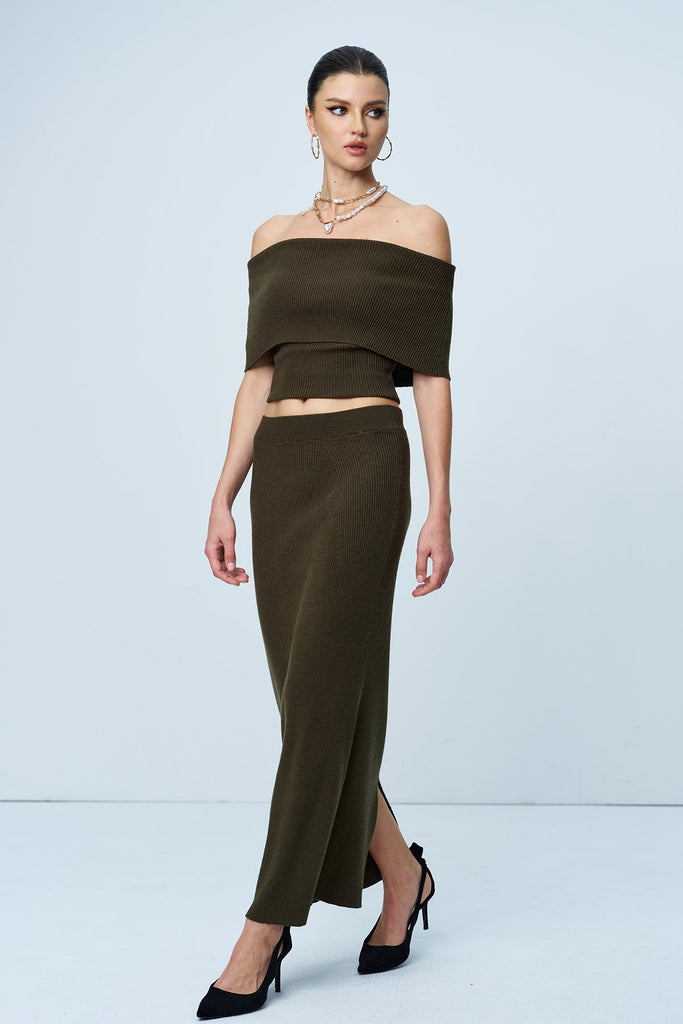 Stylish green dress | Aniston Strapless Ruch Split Knit Skirt Set In Green - Ideal for special occasions