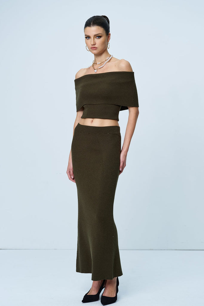 Shop  green dress - Perfect for special occasions | Aniston Strapless Ruch Split Knit Skirt Set In Green