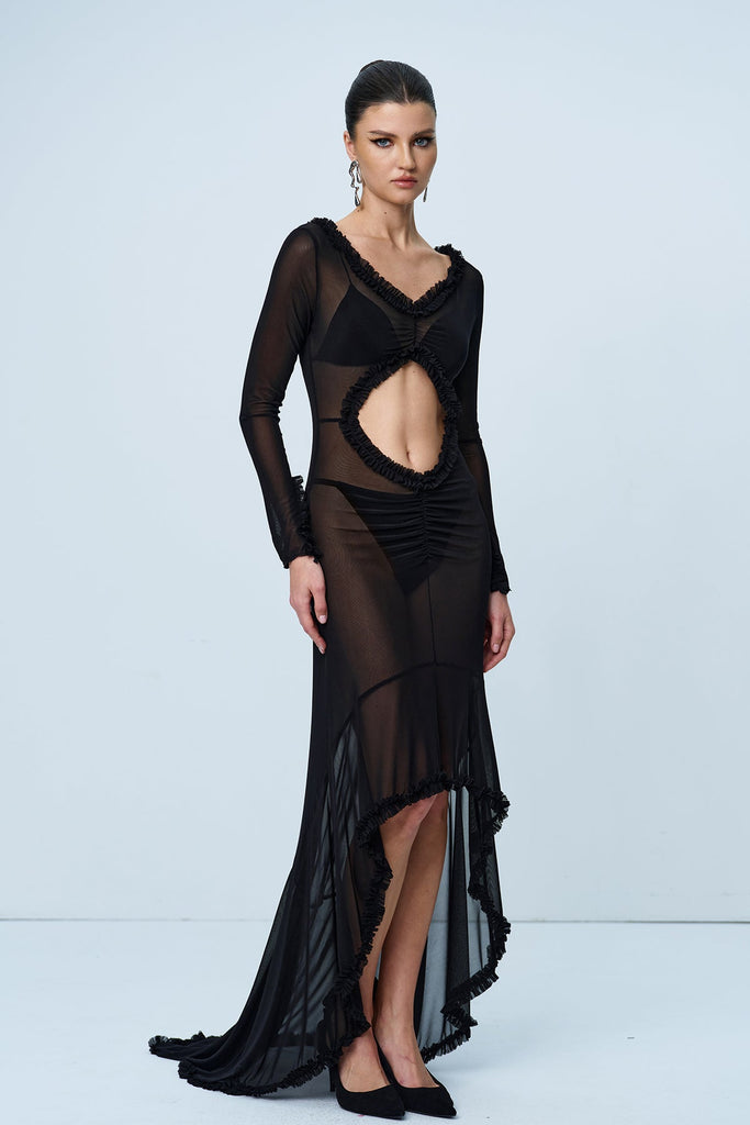 Stylish black dress | Aniya Off Shoulder Cutout Mesh Maxi Dress In Black - Ideal for special occasions