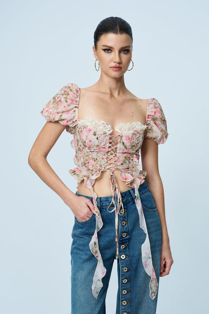 Shop  beautiful dress - Perfect for special occasions | Anjea Balloon Sleeve Floral Lace Up Top