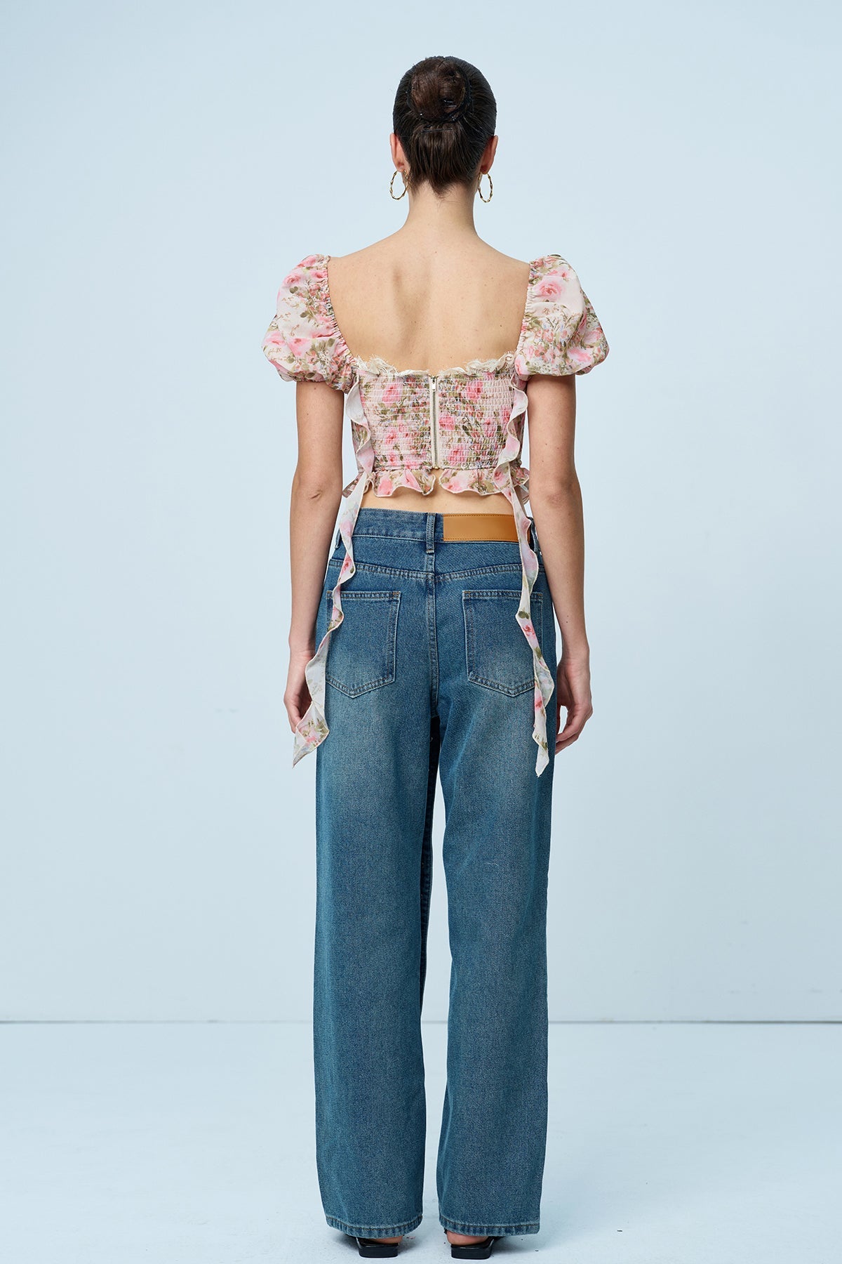 Anjea Balloon Sleeve Floral Lace Up Top