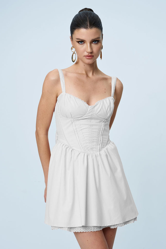 Anjolie Bow Ruch Ruffle Mini Dress In White - Stylish white dress for special occasions | Buy Online