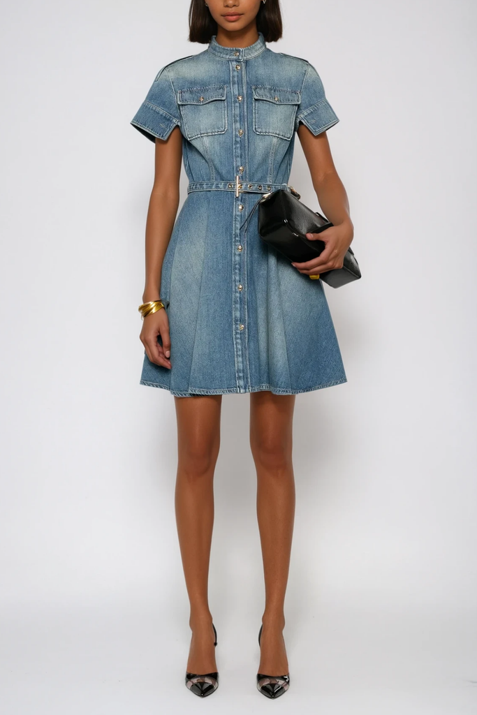 Shop  beautiful dress - Perfect for special occasions | Anneka Ruffle Short Sleeves Denim Mini Dress