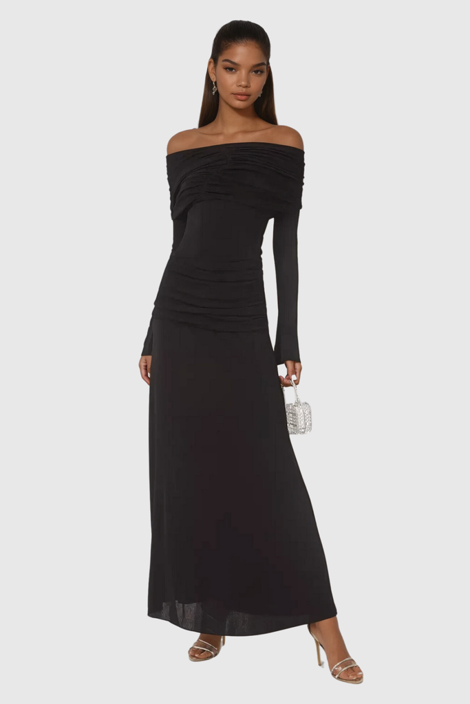 Anneke Off Shoulder Ruch Maxi Dress In Black - Stylish black dress for special occasions | Buy Online