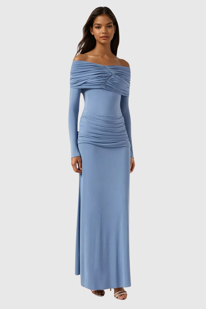 Stylish blue dress | Anneke Off Shoulder Ruch Maxi Dress In Blue - Ideal for special occasions