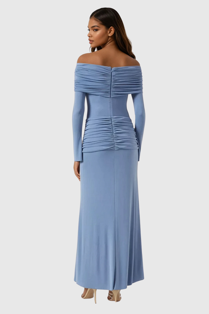 Anneke Off Shoulder Ruch Maxi Dress In Blue - Stylish blue dress for special occasions | Buy Online