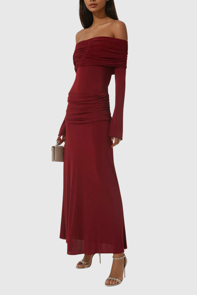 Anneke Off Shoulder Ruch Maxi Dress In Red - Stylish red dress for special occasions | Buy Online