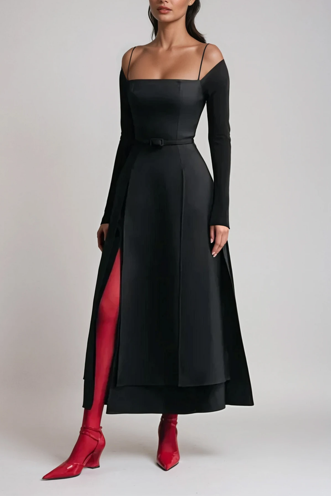 Shop  black dress - Perfect for special occasions | Annelien Lace Up Split Maxi Dress In Black