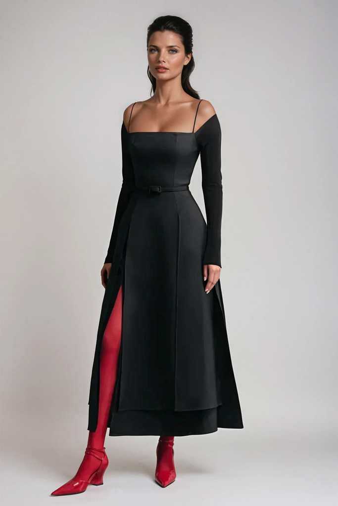 Shop  black dress - Perfect for special occasions | Annelien Lace Up Split Maxi Dress In Black