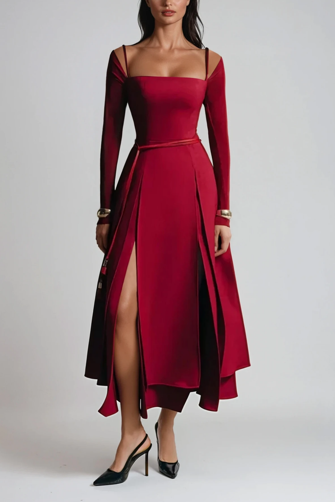Shop  red dress - Perfect for special occasions | Annelien Lace Up Split Maxi Dress In Red