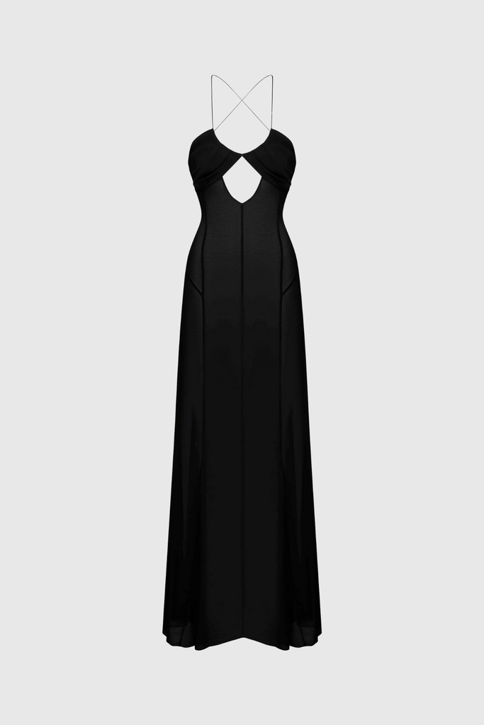 Stylish black dress | Annisa Mesh Cutout Lace Up Maxi Dress In Black - Ideal for special occasions