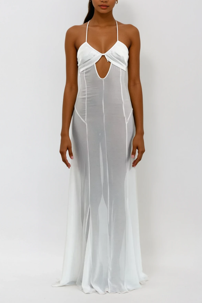Stylish white dress | Annisa Mesh Cutout Lace Up Maxi Dress In White - Ideal for special occasions