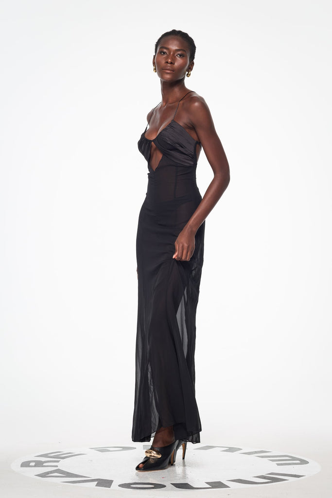 Stylish black dress | Annisa Mesh Cutout Lace Up Maxi Dress In Black - Ideal for special occasions