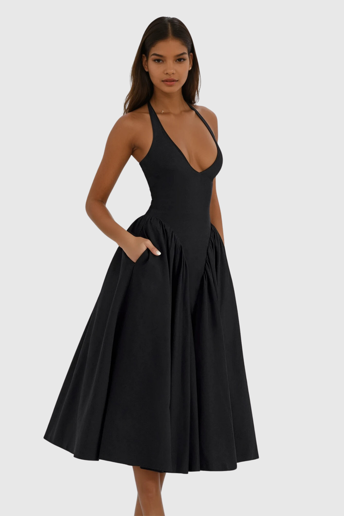 Stylish black dress | Annlea Halter Neck Bodycon Ruffle Maxi Dress In Black - Ideal for special occasions