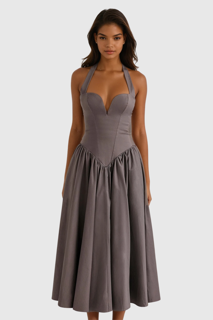 Shop  beautiful dress - Perfect for special occasions | Annlea Halter Neck Bodycon Ruffle Maxi Dress In Grey