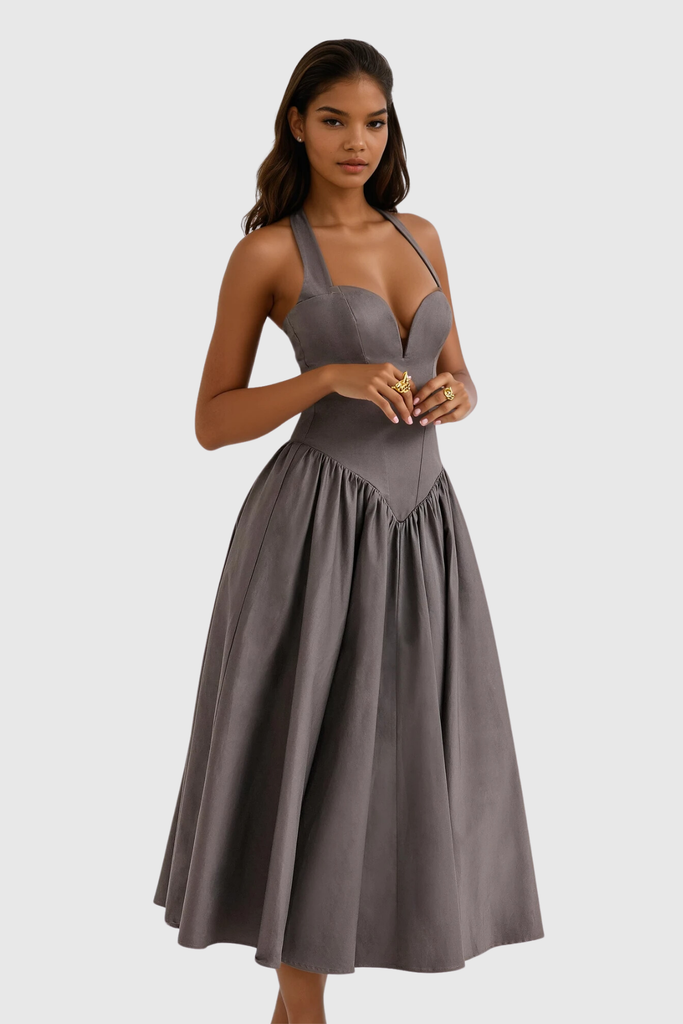 Annlea Halter Neck Bodycon Ruffle Maxi Dress In Grey - Stylish beautiful dress for special occasions | Buy Online